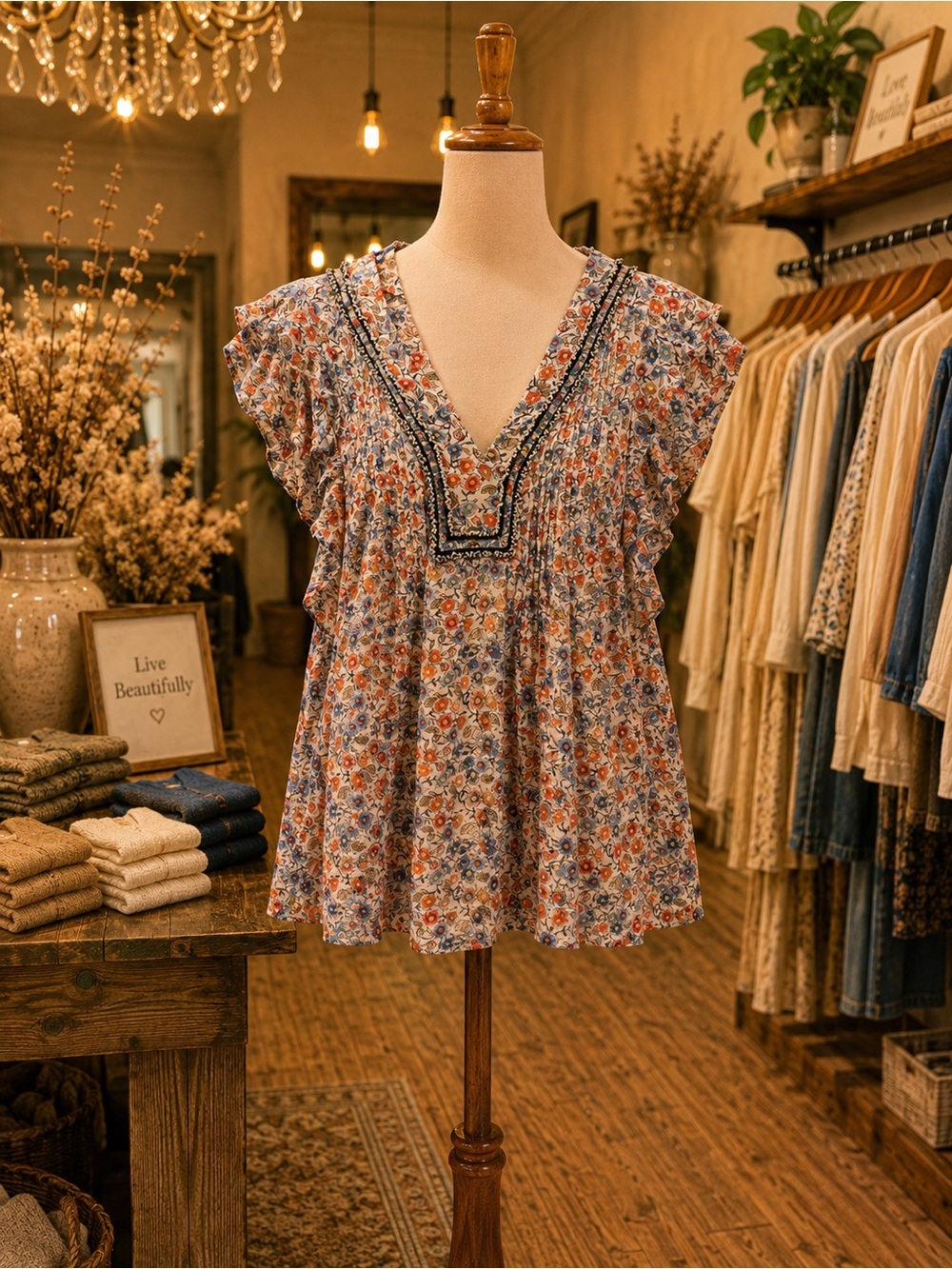 Democracy Blue and Orange Floral Ruffle Sleeve Blouse